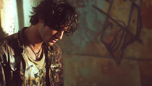 Melancholic young man in golden side light near graffiti wall.