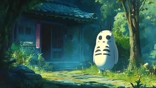 Forest spirit stands before weathered rural Japanese house