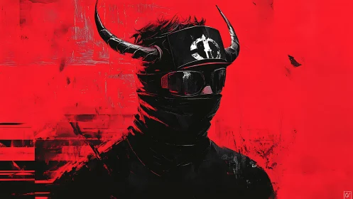 Horned masked figure in black against textured red field.
