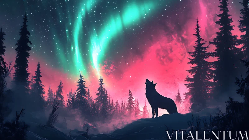 Silhouetted wolf observes aurora gradient over conifer forest