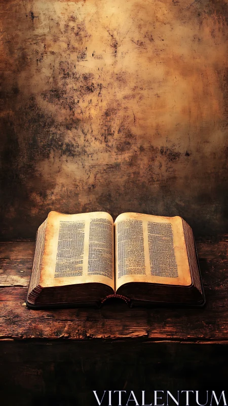 Antique leatherbound folio Bible on rustic timber table, lit warmly