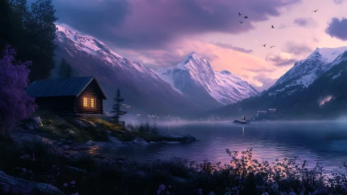 Mountain lake at dusk with cabin and distant sailboat.