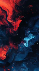 Nebulous red and cyan pigment streams in fluid dark field.