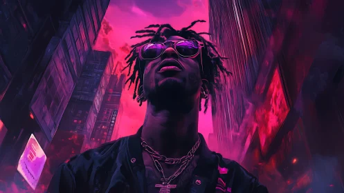 Electric city glow frames a confident street style portrait