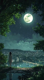 Solitary girl observes moonlit cityscape beneath dense canopy
