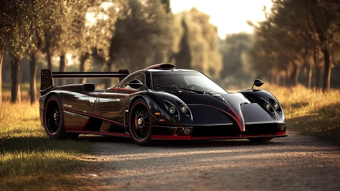Black carbon supercar on rural tree-lined gravel road.