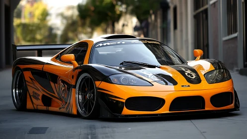 Orange and black tuned supercar parked on urban street.