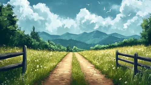 Country path through wildflower meadow to distant hills.