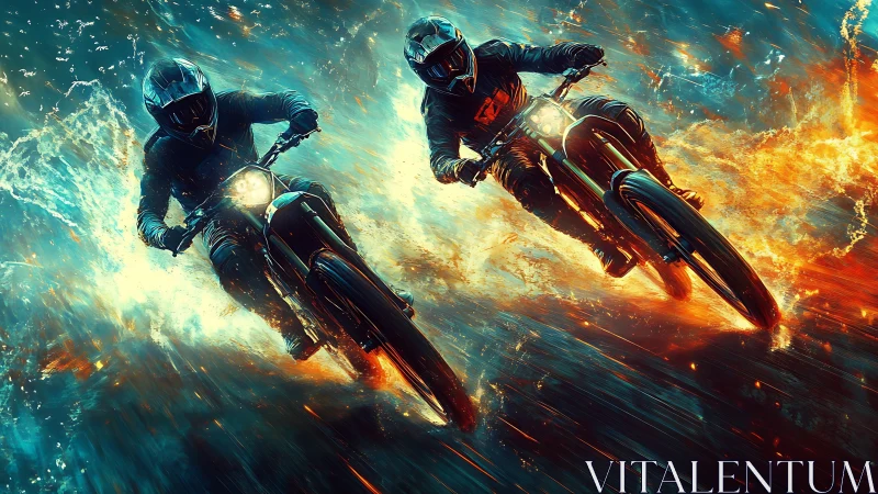 Motorcycle racers cutting through explosive fire and water.