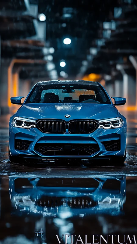 Sport sedan stands in neon-lit rain with dramatic reflections