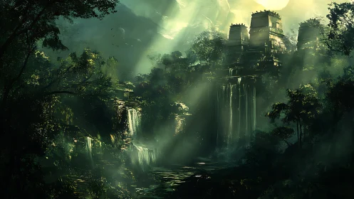 Sunlit jungle temple towers rise above cascading waterfalls
