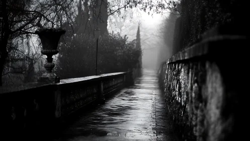 Fog-drenched stone walkway slipping into monochrome silence.