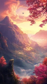 Vertical panoramic landscape shows stylized mountains and valley