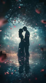 Silhouetted Couple Embracing in Bioluminescent Rain Storm