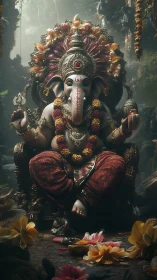 Divine Ganesha idol glows amid lush jungle sanctuary.