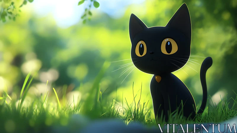 Black cartoon cat sitting in bright green garden scene.