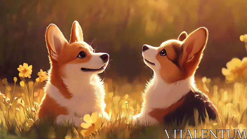Sunlit corgi friends sharing a golden meadow moment.