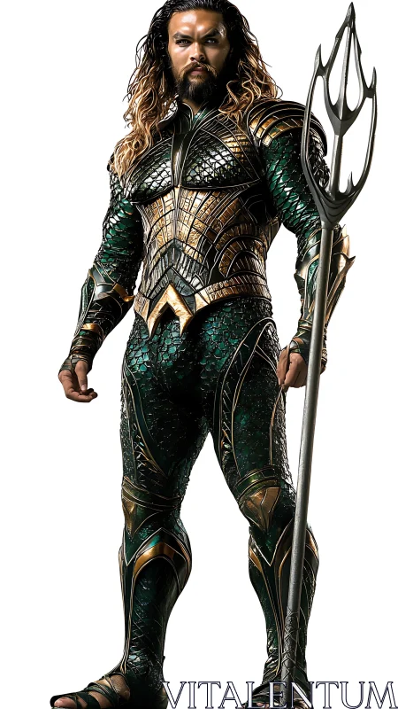 Atlantean warrior in emerald scale armor with trident pose.