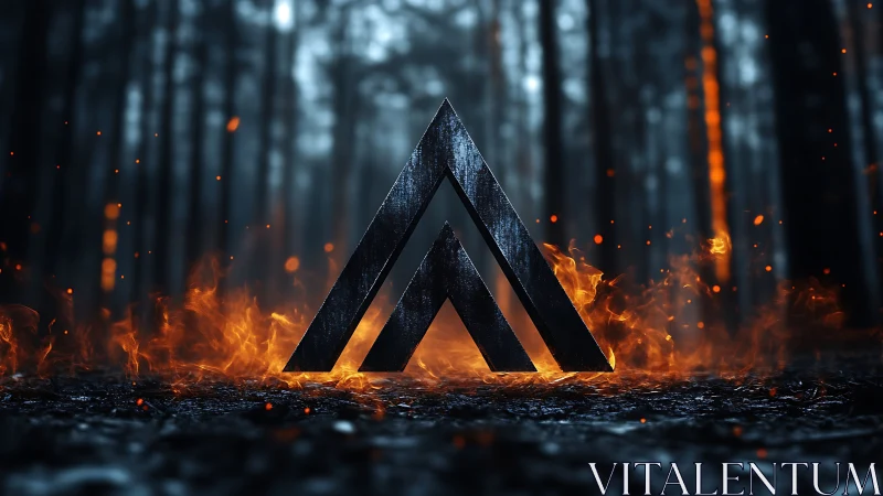 Geometric Double-Triangle Structure Engulfed in Photorealistic Fire and Embers in Dark Forest