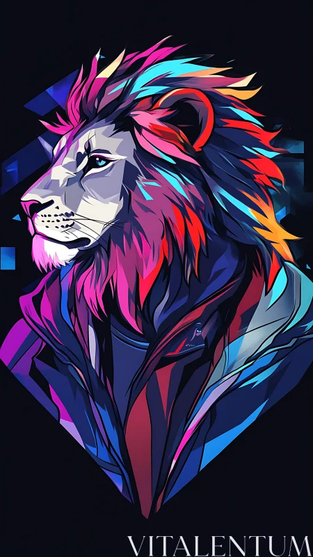 Neon low-poly lion bust in vector jacket on black background.