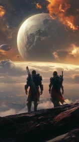 Armored explorers observing distant planetary horizon.