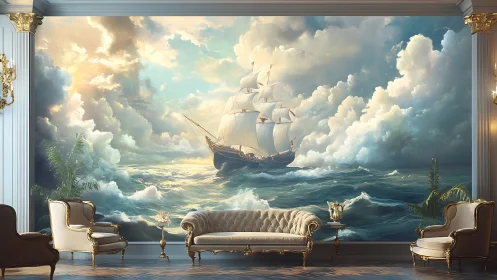 Grand seascape mural with sailing ship in neoclassical salon.