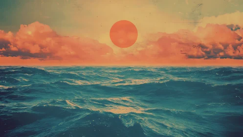 Dreamy teal waves under a glowing coral sunset sun.