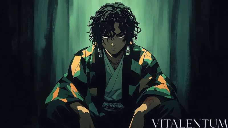 Seated male figure in patterned robe under dim green light.