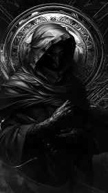 Hooded dark figure stands before ornate circular halo