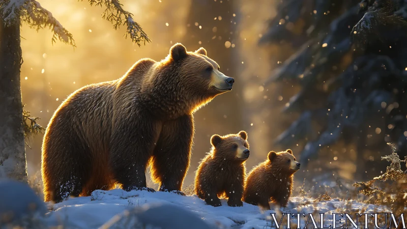 Backlit brown bear family in snowy forest with volumetric light