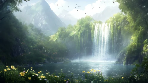 Mountain valley lake with wide waterfall and dense foliage.