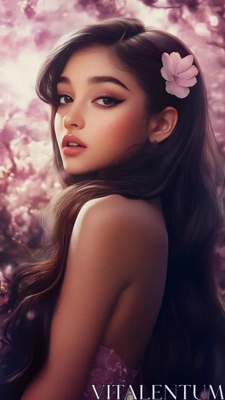 Dreamy cherry blossom portrait of girl in rose haze.