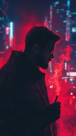Silhouette vaper in neon cyberpunk city haze at night.