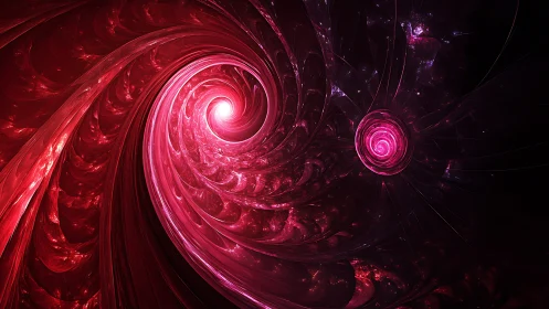 Spiraling crimson nebula pours light into a twin vortex