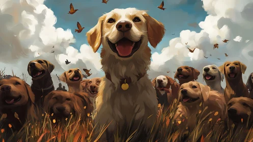 Group of retriever dogs in open field under cloudy sky.