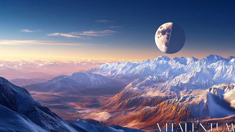 Lunar body over illuminated mountain range at dusk period.