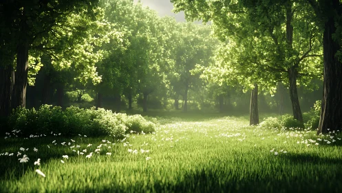 Sunlit Forest Clearing with White Wildflowers.