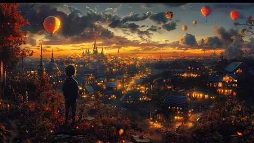 Nocturnal hillside overlook with illuminated steampunk metropolis.