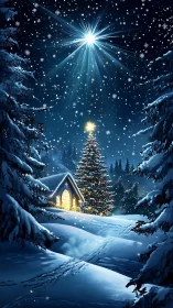 Snow-covered cabin, lit tree, and bright star in winter night.