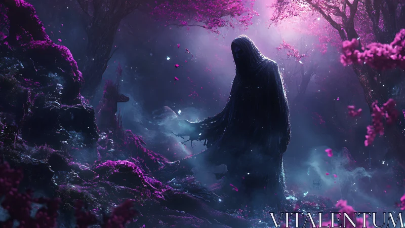 Cloaked wanderer in neon blossom fog, haunting and luminous.