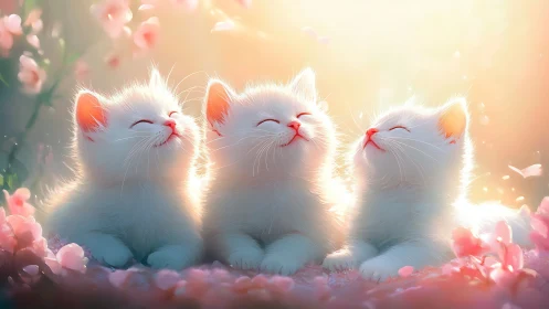 Three White Kittens in Floral Setting with Warm Lighting