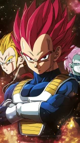 Red haired anime warrior stands in space with team behind