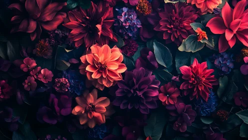 Floral arrangement with red and purple dahlias and complementary blooms.