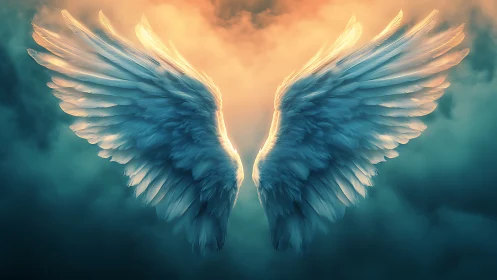 Gentle angel wings glowing softly in golden evening clouds.