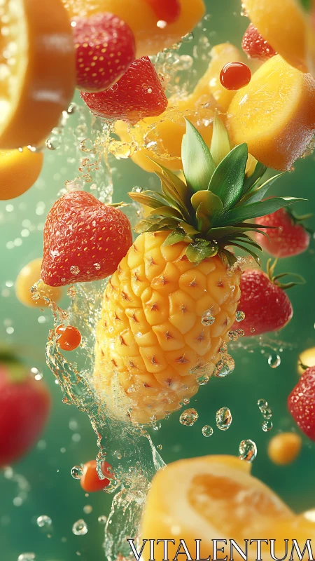 Sunlit splash of tropical fruit in midair celebration.