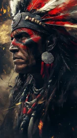 Warrior portrait with red feathers and burning embers.