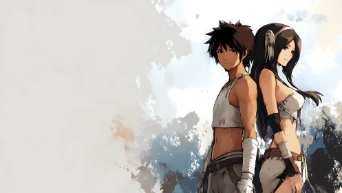 Back-to-back anime warriors amid abstract paint clouds.