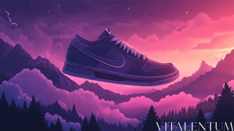 Dreamy sunset sneaker floating over glowing pastel mountains.
