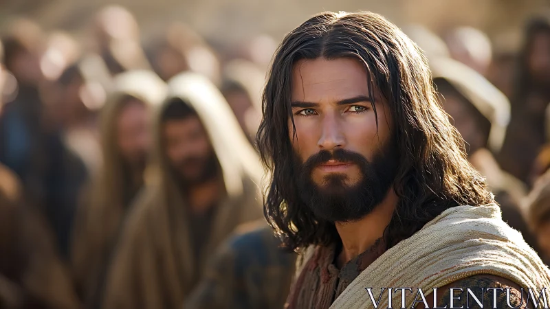 Bearded teacher in desert crowd with cinematic lighting.