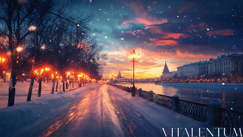 Snowy riverside city street at sunset with glowing lamps.